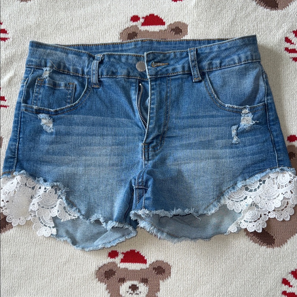SHEIN Blue Jean Shorts with Lace Trim